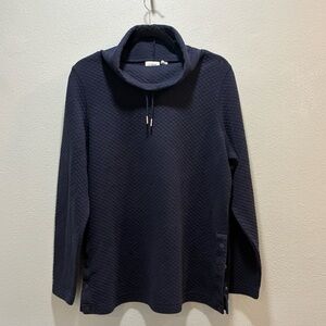 L.L. Bean Quilted Pullover Sweater Womens Size L Navy Blue Snap Cowl Neck